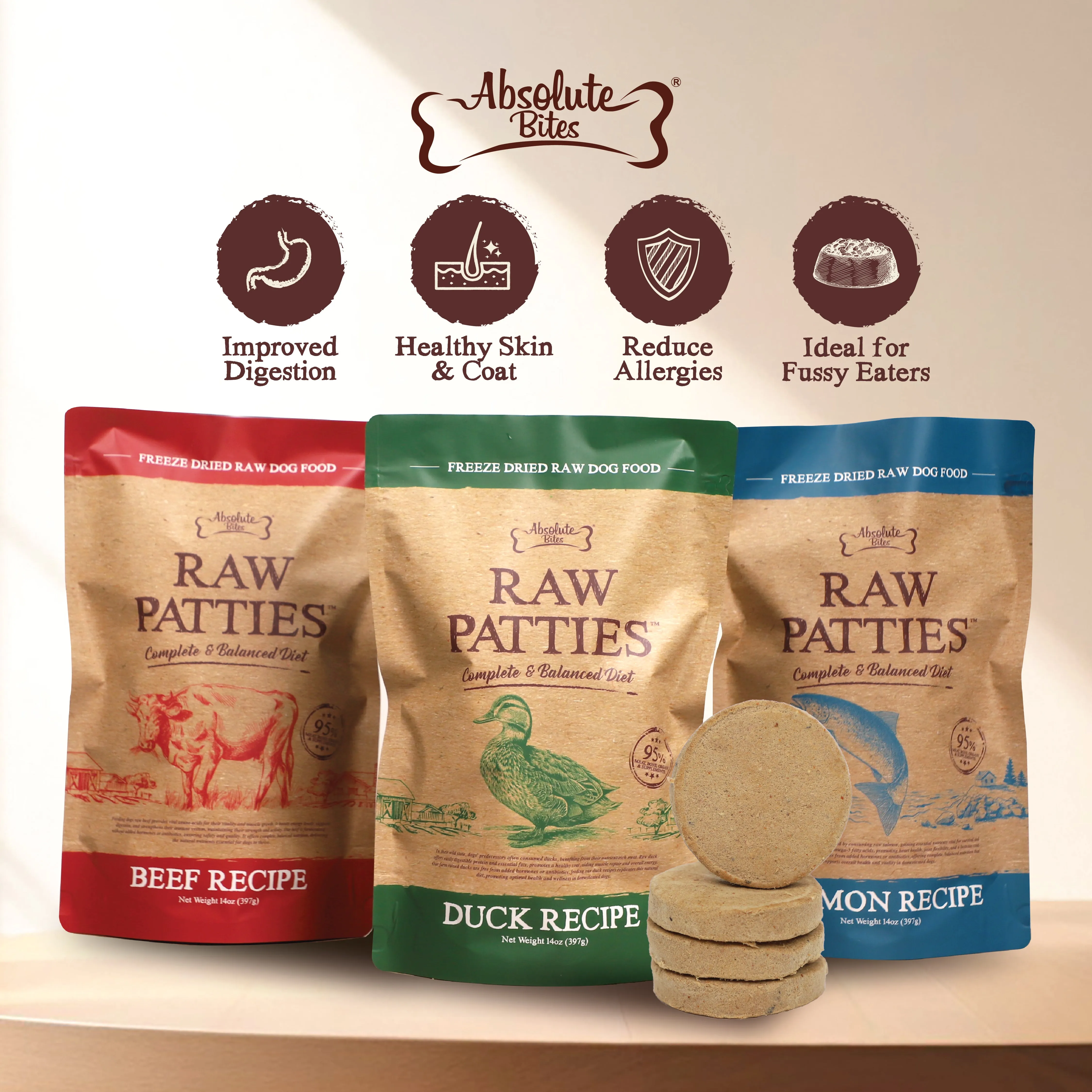 Absolute Bites Freeze Dried Raw Patties Dog Food - Pork Recipe (14oz)