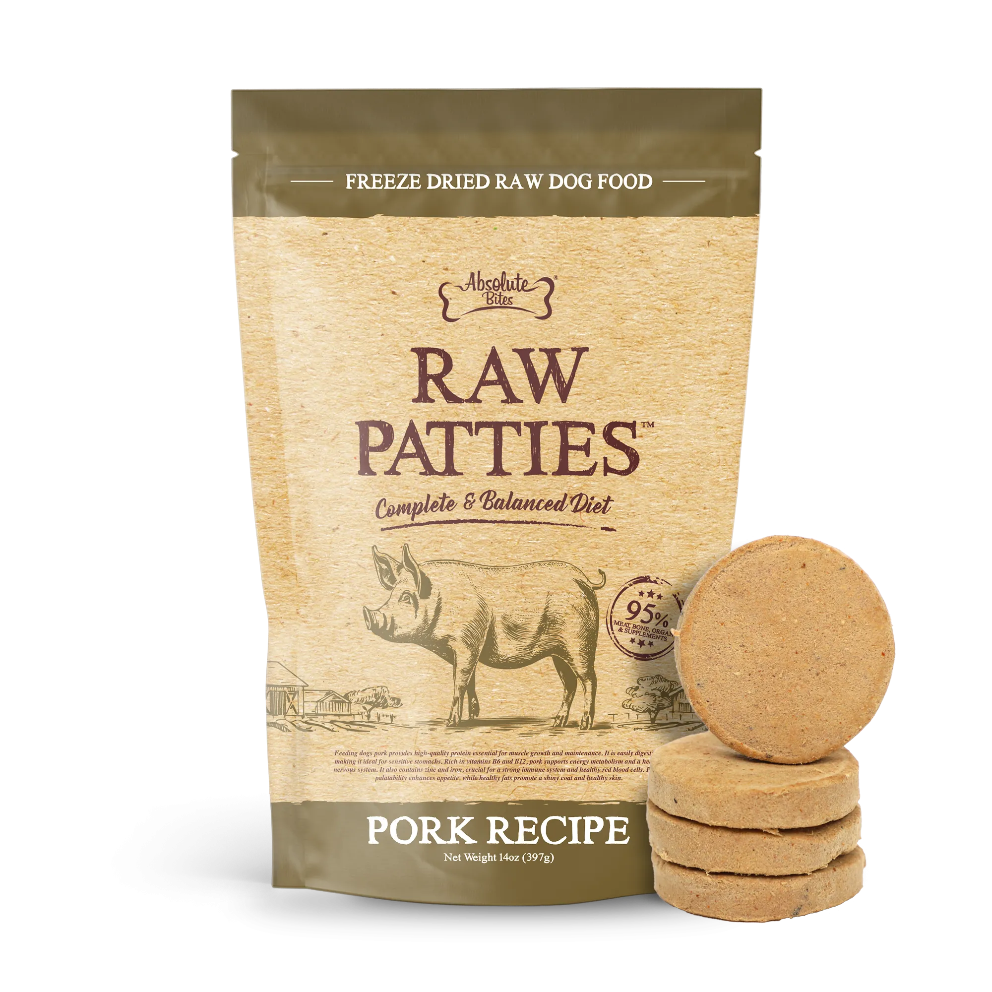 Absolute Bites Freeze Dried Raw Patties Dog Food - Pork Recipe (14oz)