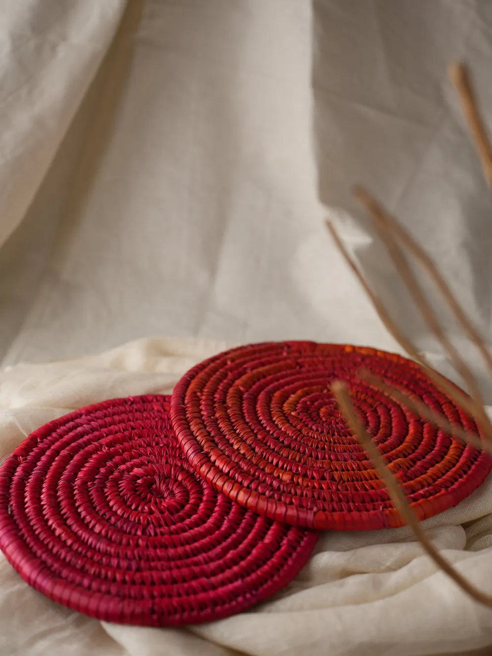 Bhadohi Basket Craft - Table Pot Holders, Round (Set of 2) - Red