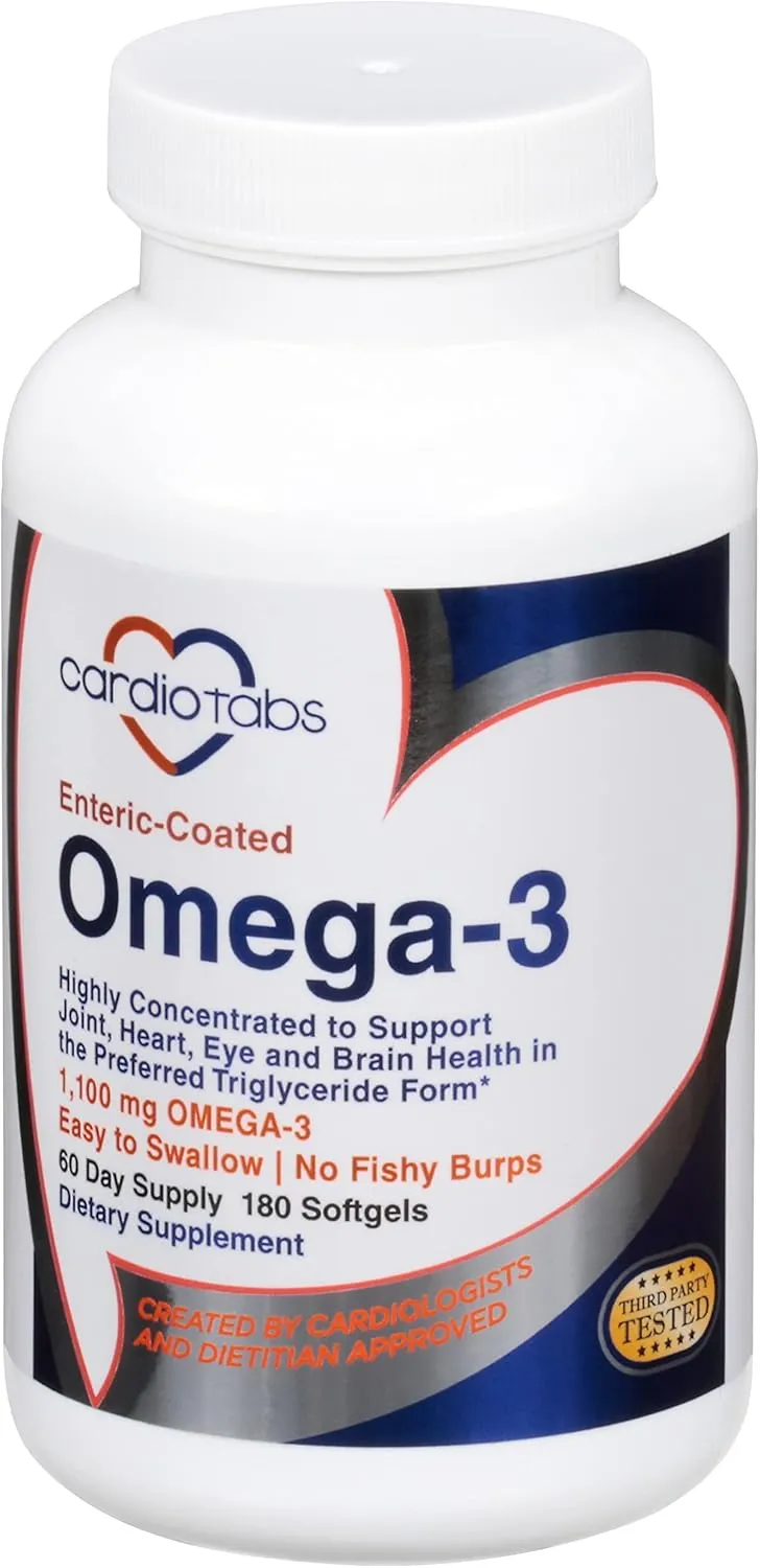 CardioTabs, Omega-3 Enteric-Coated Fish Oil Supplements, Triglyceride Form, 1100 mg Total Omega-3 Fatty Acids, Non-Dairy and Gluten-Free, Special Enteric Coated Softgels for No Fishy Burps - 180 Count