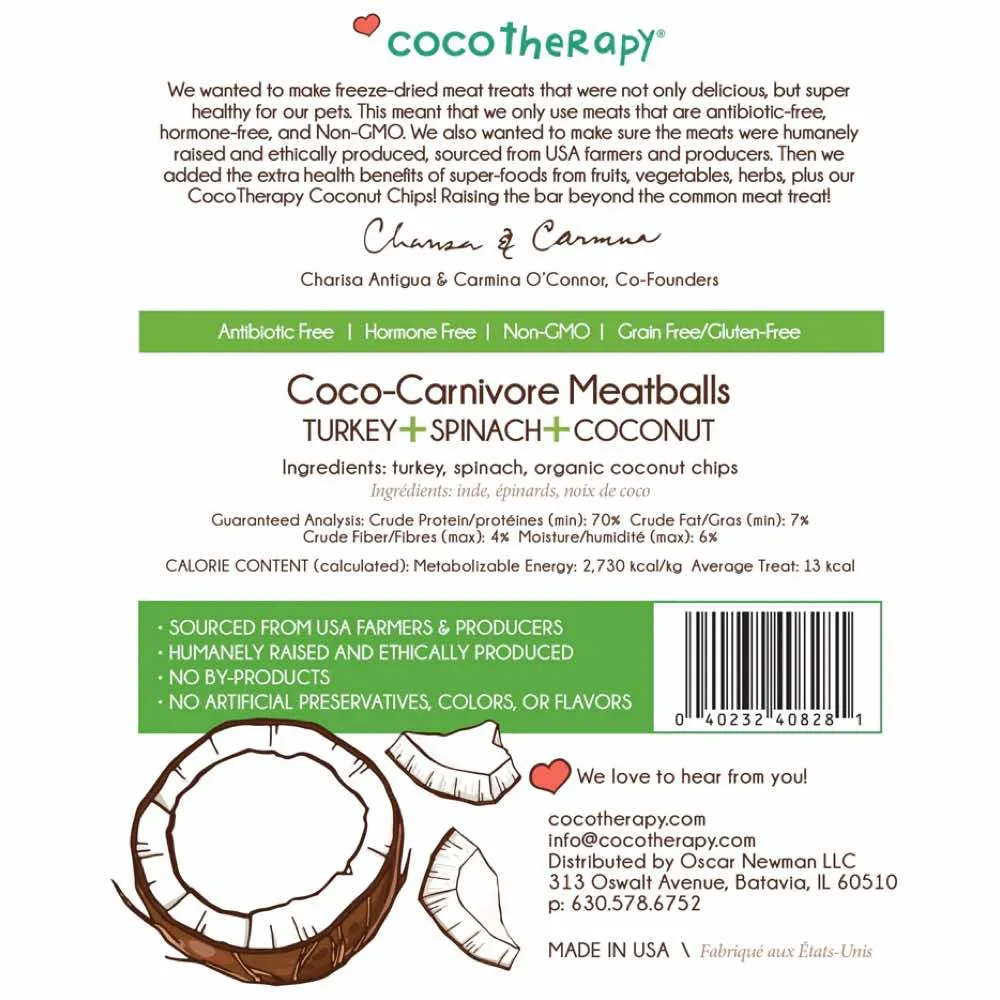 CocoTherapy Coco-Carnivore Meatballs Turkey Spinach Coconut Freeze-Dried Treats For Cats & Dogs 2.5oz