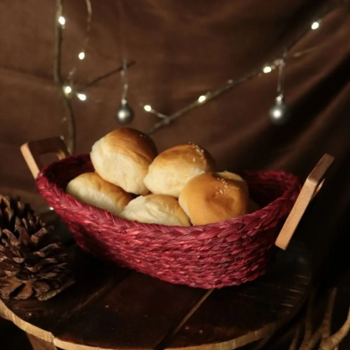 Handmade Sabai Grass Bread Basket- Large- Red