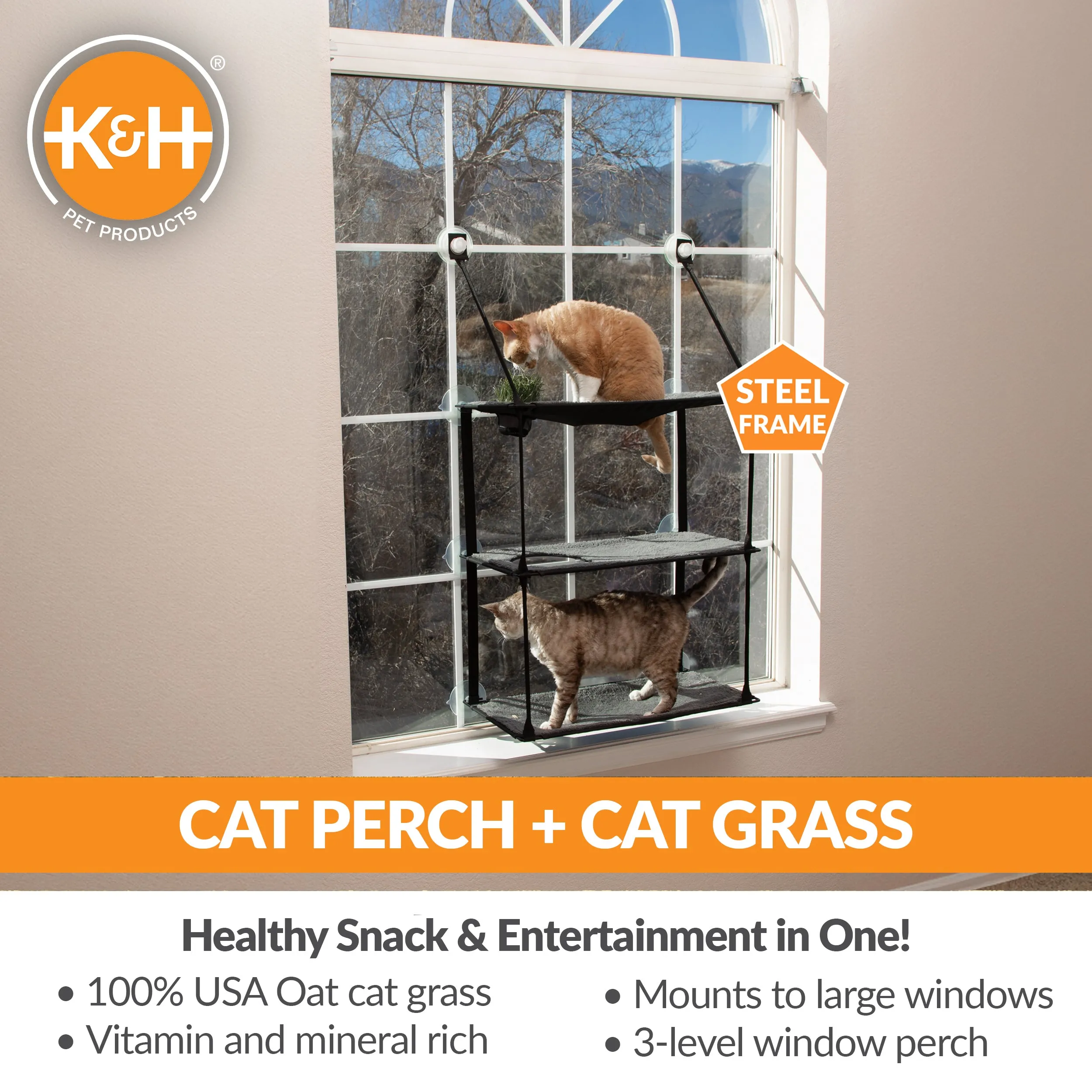 K&H EZ Mount Window Kitty Sill Cat Perch with Cat Grass Grow Station - Triple or Quad Level