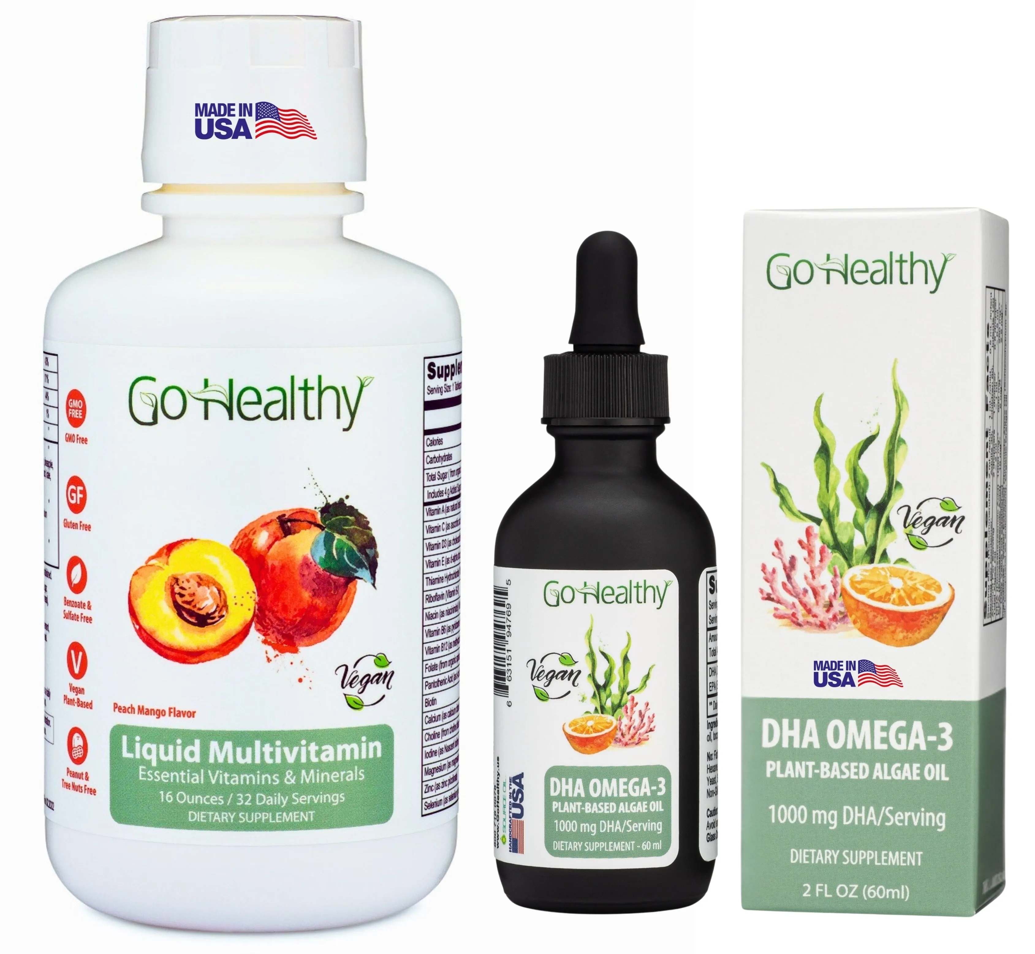 Multivitamin for Women, Men, Teens - Vegan Liquid Vitamins Supplement (1 bottle) and DHA Omega 3 Vegan Liquid Drops (1 bottle) Premium Bundle