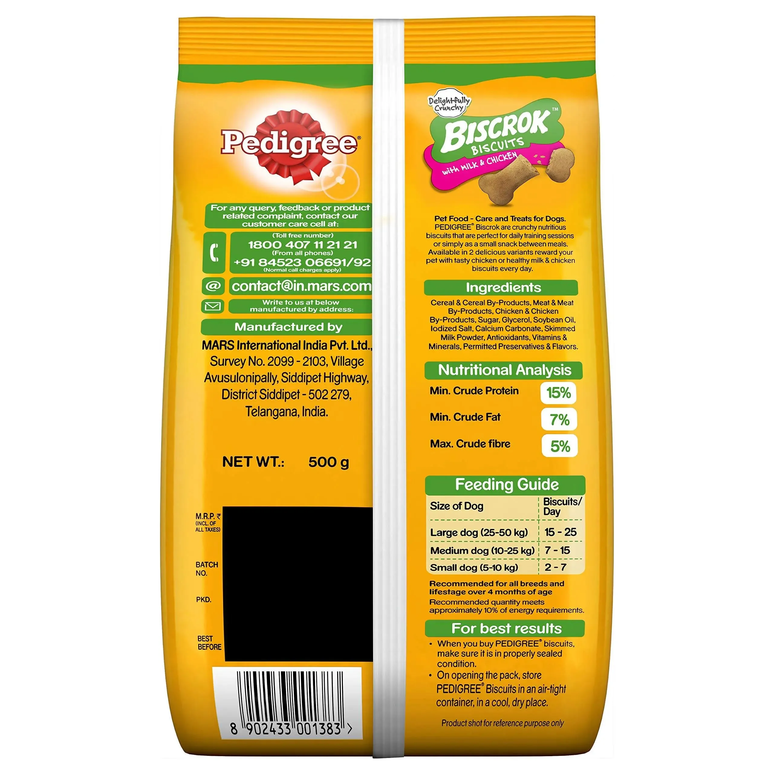 Pedigree Biscrok Biscuits Dog Treats (Above 4 Months), Milk and Chicken Flavor, 500g pack of 2